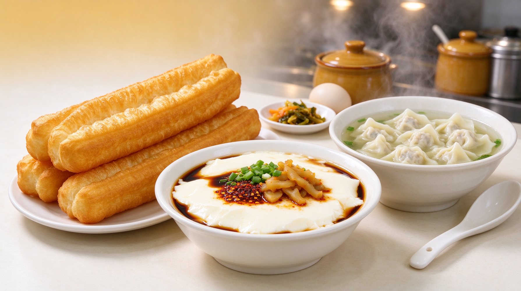油条、豆腐脑与馄饨早餐示意图