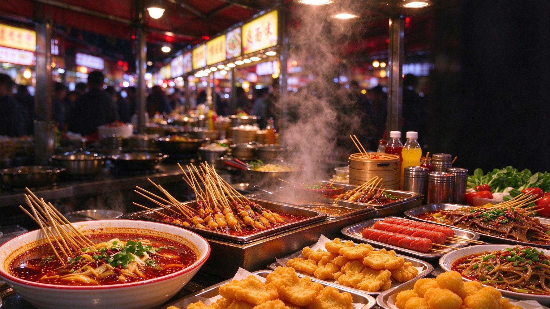 地方小吃摊位与热食示意图