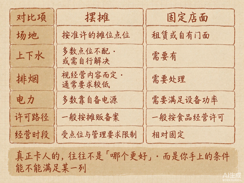 摆摊与固定店面在六项条件上的对照
