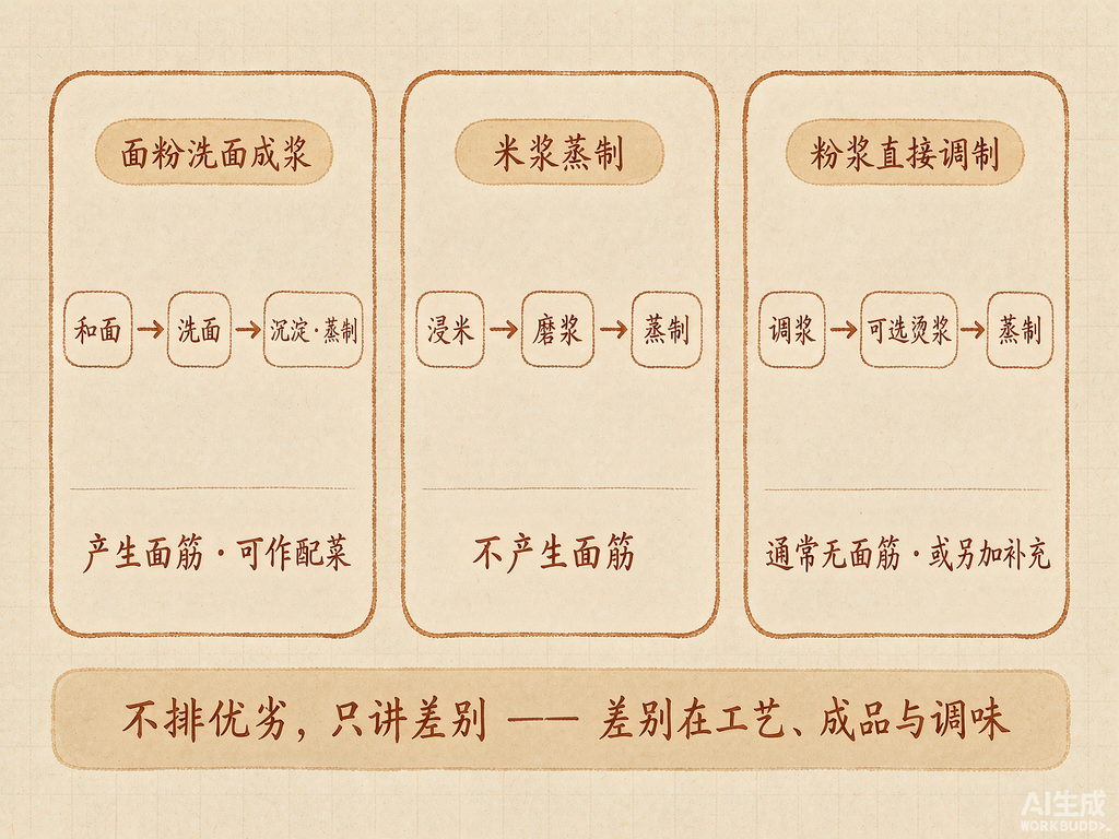 三条冷食面皮路线总览:面粉洗面成浆、米浆蒸制、粉浆直接调制