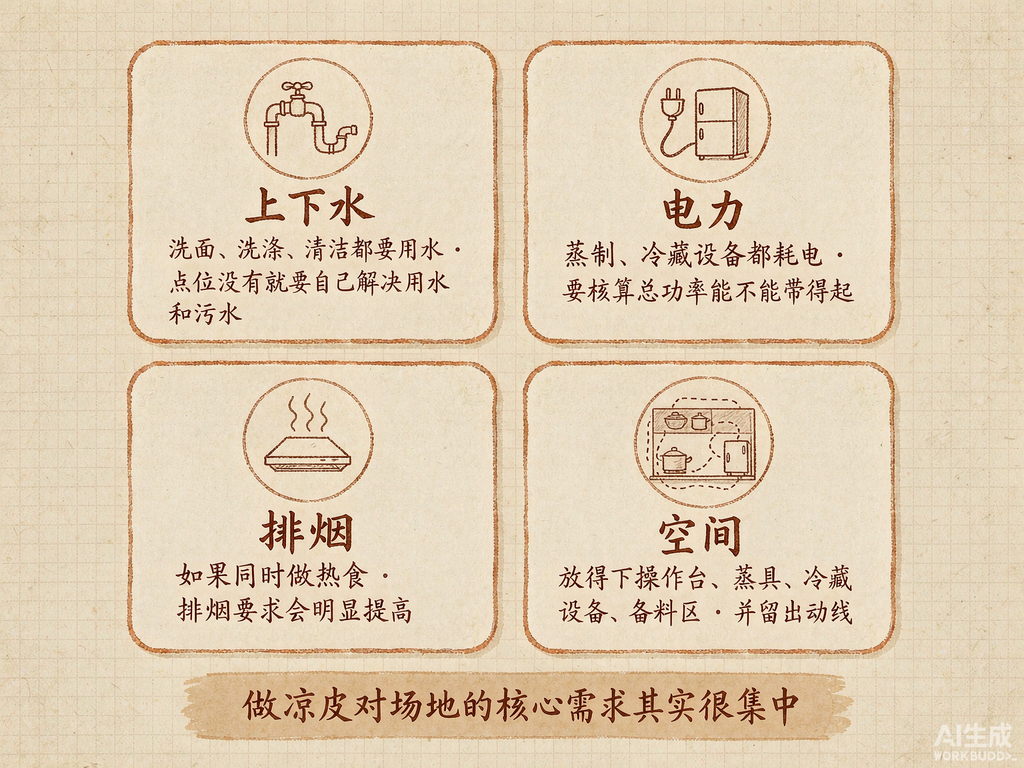做凉皮对场地的四项核心需求:上下水、电力、排烟、空间