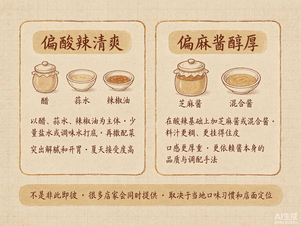 两种调味方向:偏酸辣清爽与偏麻酱醇厚